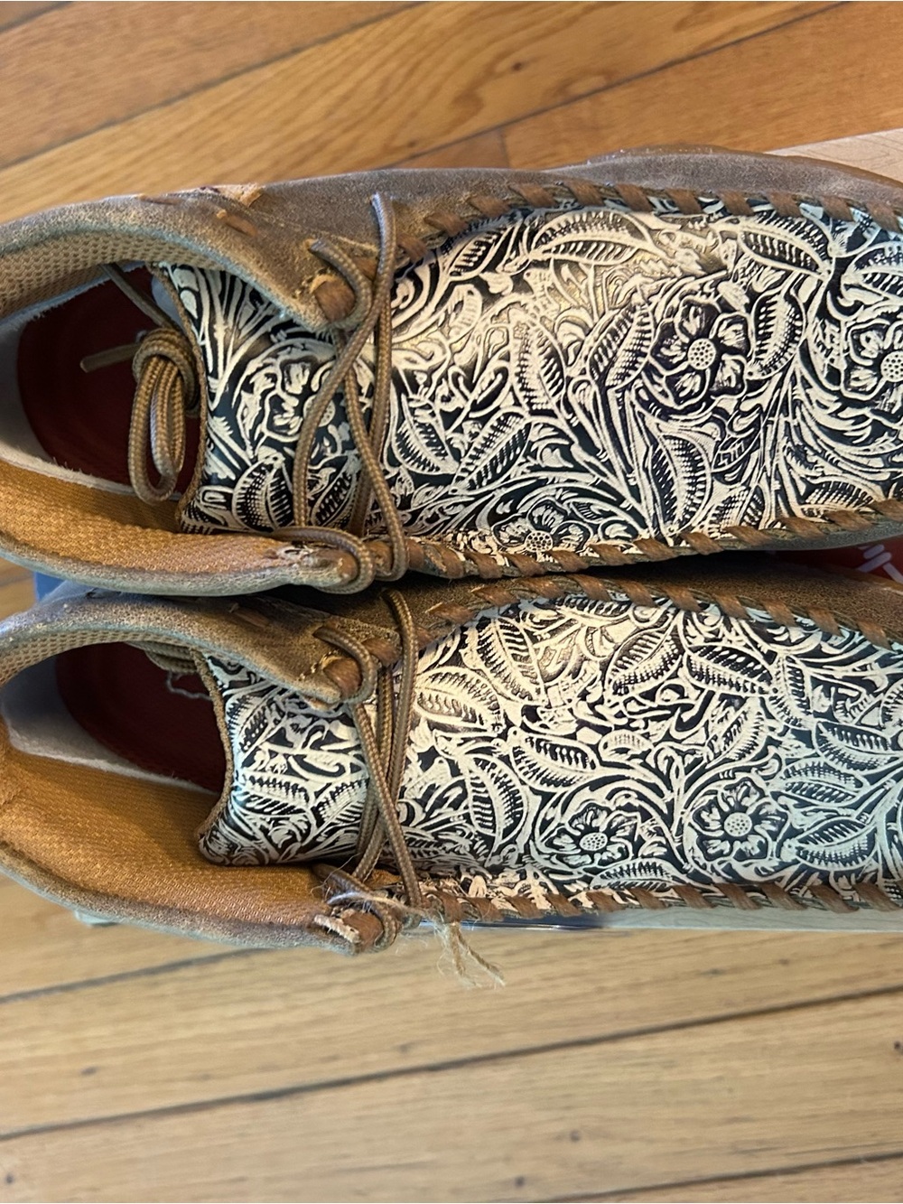 Twisted X Floral-Pattern Moccasins in Brown and Cream